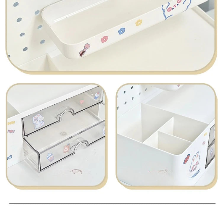 Desktop Hole Board Storage Box Desk Organizer Girls Cute Pen Holder Storage Stationary Rack Korean Kawaii Bunny Cosmetic Shelf