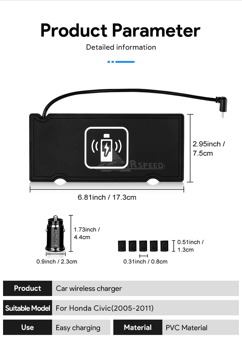 Car Wireless Charger For Honda Civic 2005 2006 2007 2008 2009 2010 2011 Car Mobile Phone Charging Fast Wirelessly 15W Board