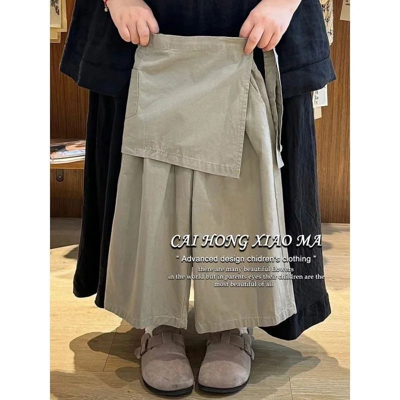 Girls Wide-Leg Pants Spring Summer 2025 New Apron Straight Pants Children Loose Casual Trousers Unique Kids Clothes 2-8 Years