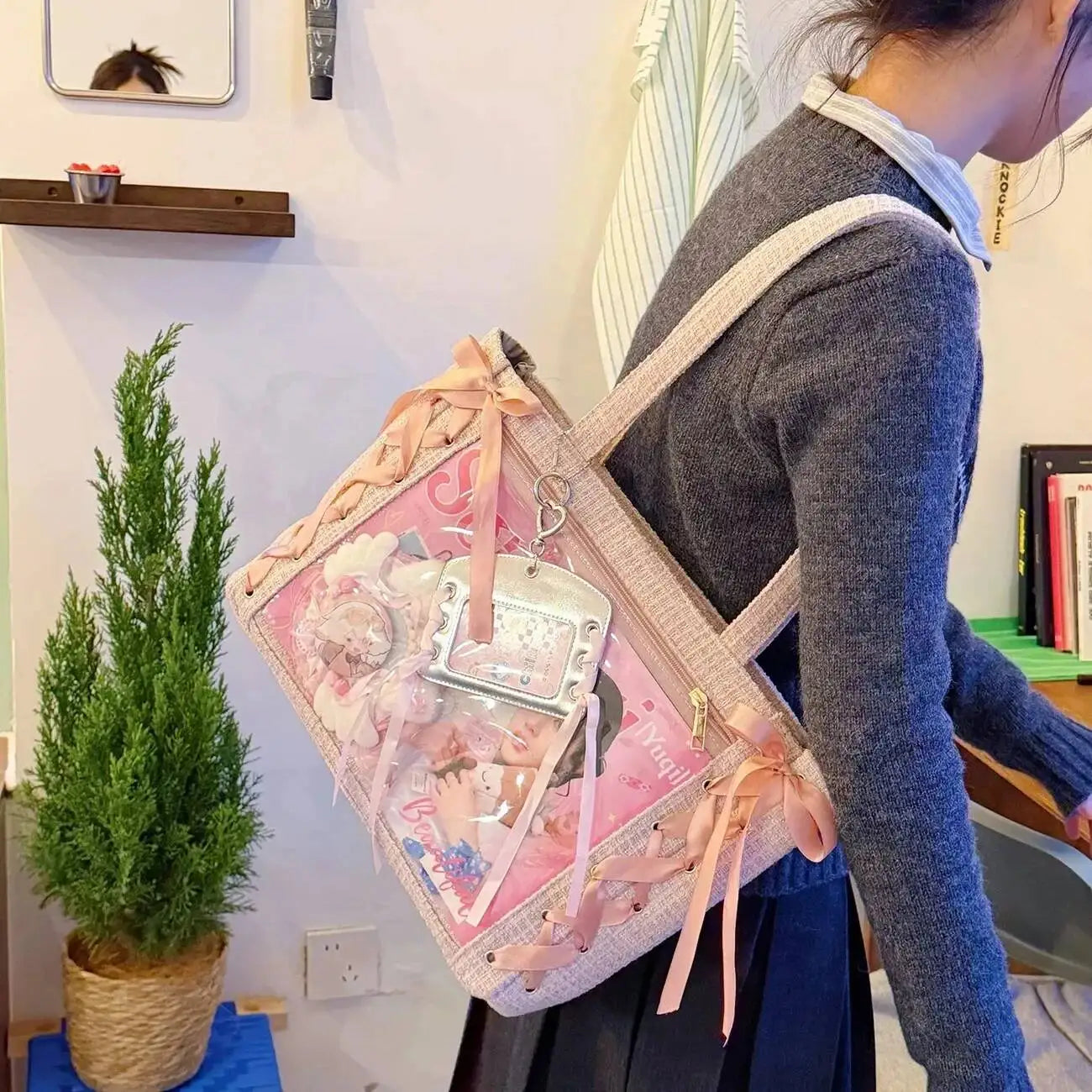 New Y2K Ribbon Bow Japanese Ita Shoulder Bag Cute Girl Transparent Pocket Large Capacity Crossbody Tote Bag DIY Display Handbags