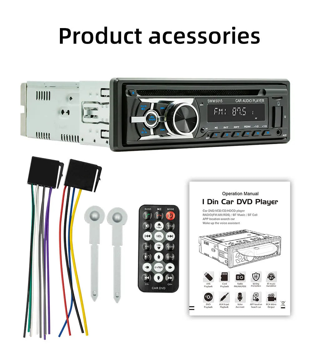 BQCC 1 Din Universal Car DVD/CD/VCD Player AI Voice BT USB TF AUX Input RDS Radio Locate a car Wiring protection EQ Car Stereo