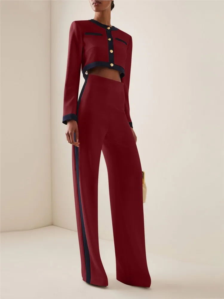 Elegant Women Slim Office Outfit Spring Autumn Fashion Contract Color Show Style Long Sleeve Button Tops & High Waist Pants Suit