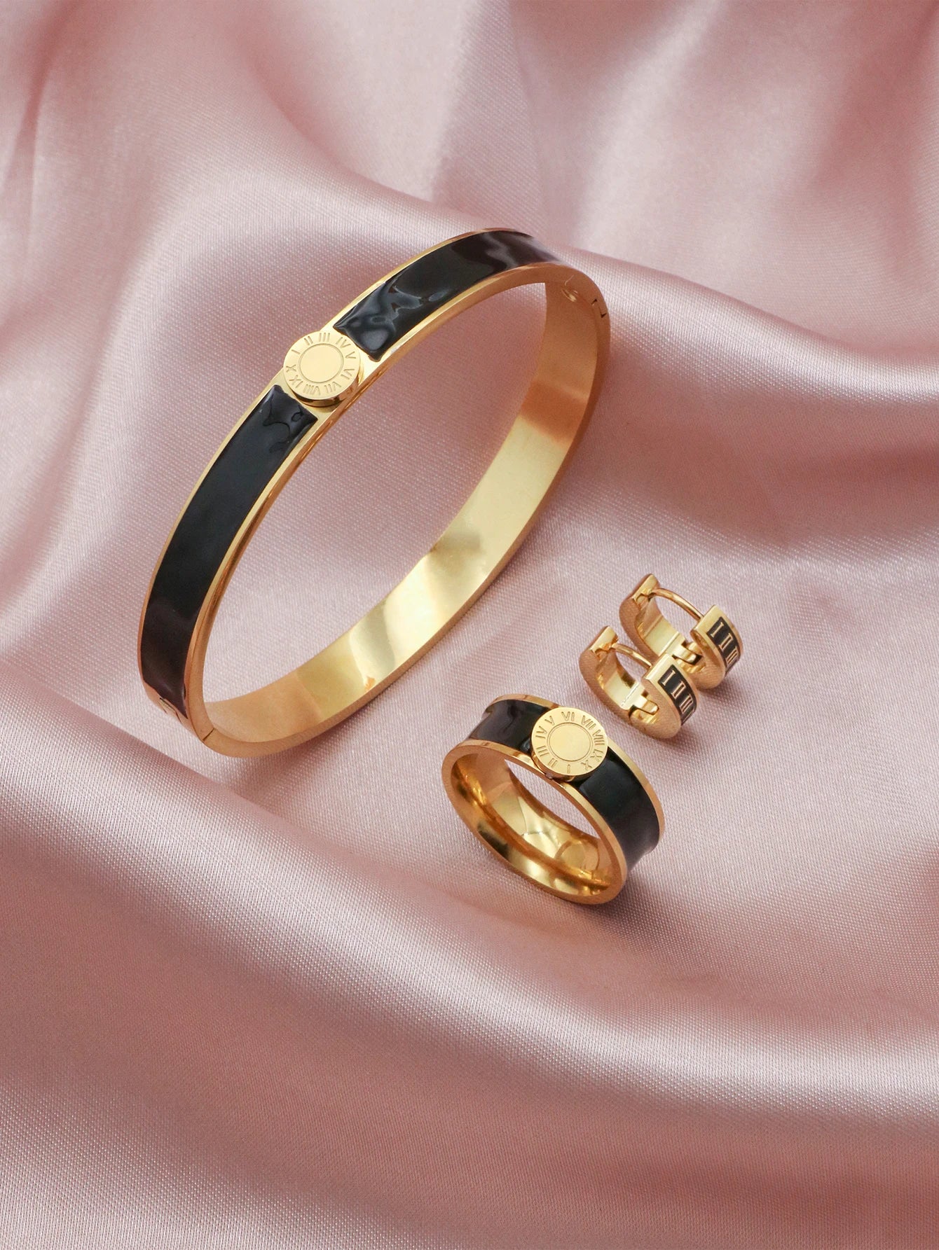 1set/4pcs New Trendy Round Roman Numerals Bracelet Stainless Steel Enamel Bangles Ring Earrings Jewelry Set Women Orange Color