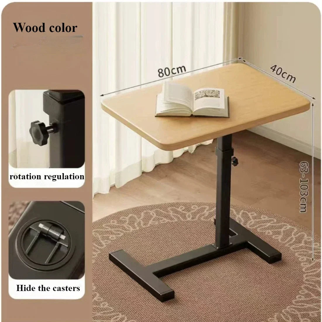 Square Small Side Table Bedside Table Household Mobile Desk Bedroom with Wheel Easy Lifting Learning Desk Space Saving Tea Table