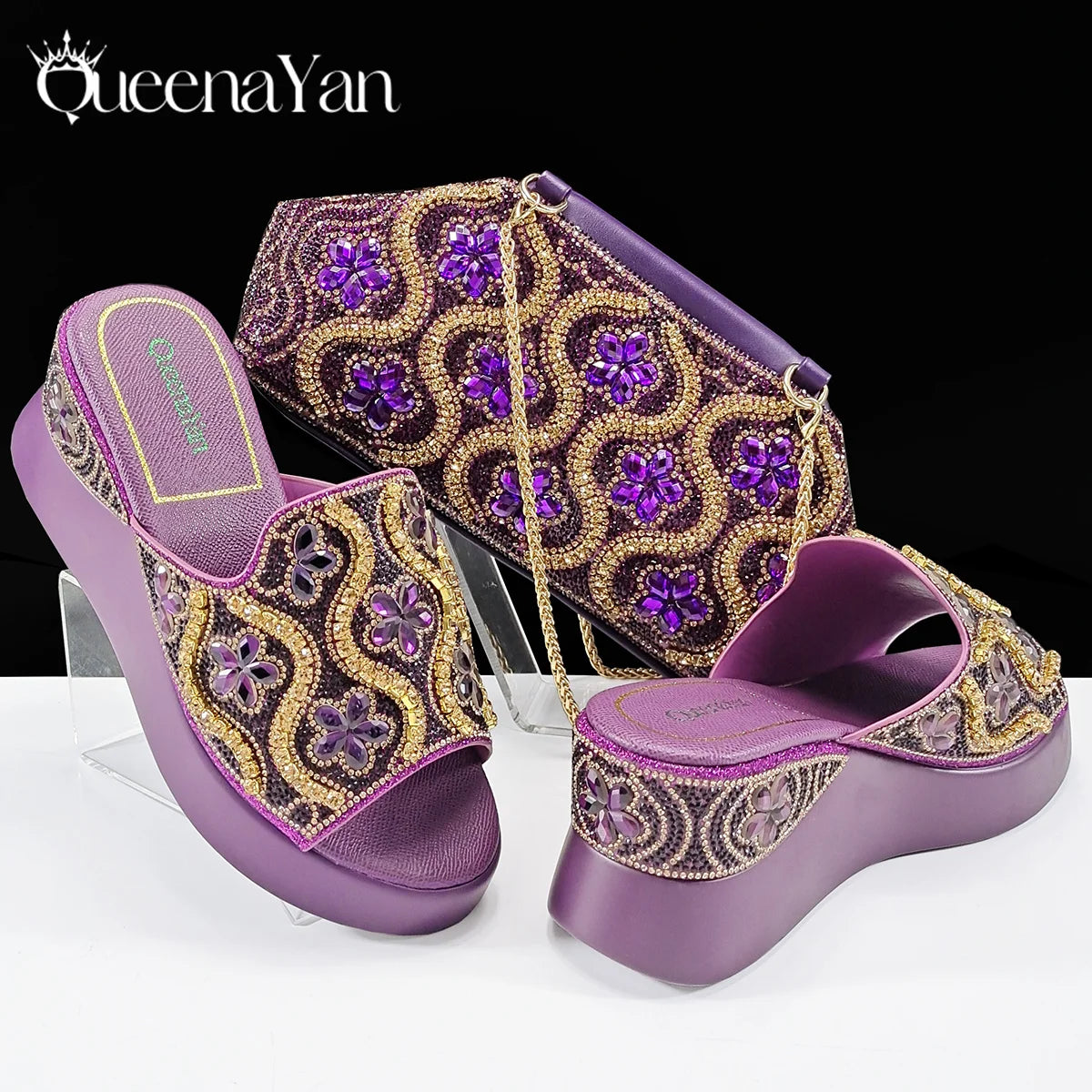 Queena Yan Popularity Open Toe Luxury Fashion Women High Heels Shoes and Bags Set With Rhinestone for Wedding Party Elegant
