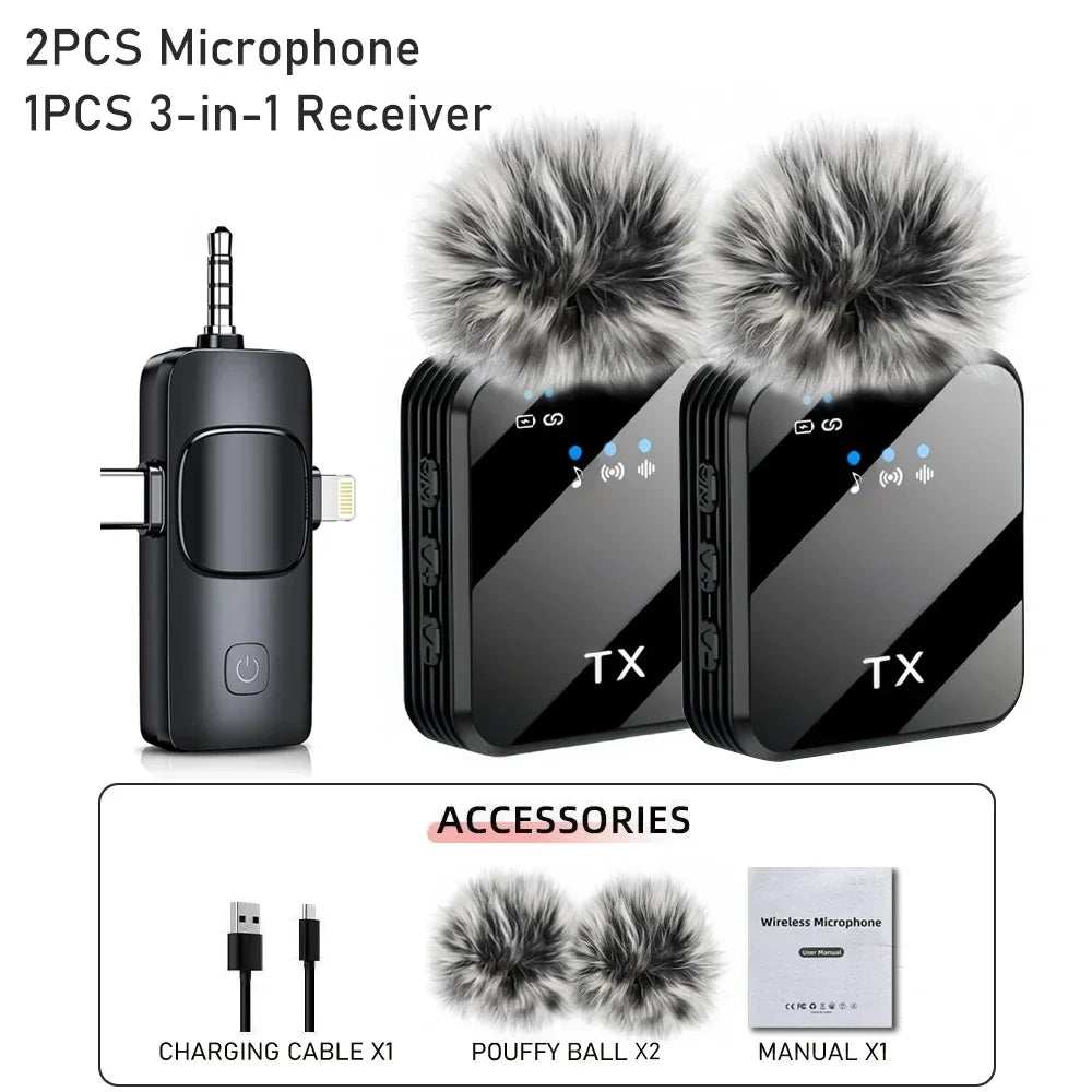 3in1microphone for IOS/Android Wireless Lavalier Microphone Video Recording Noise Reduction Live Streaming Clip-on Microphone