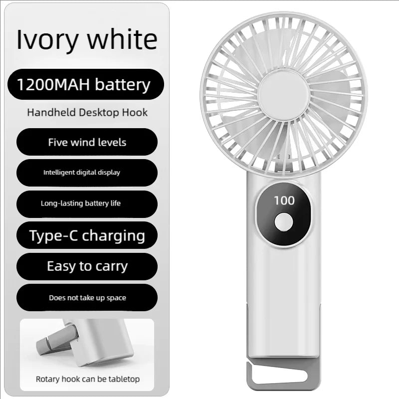 5 Levels Air Cooling Fan with Buckle Portable Handheld Fan LED Screen Outdoor for Home Office Outdoor USB-C Rechargeable Fans