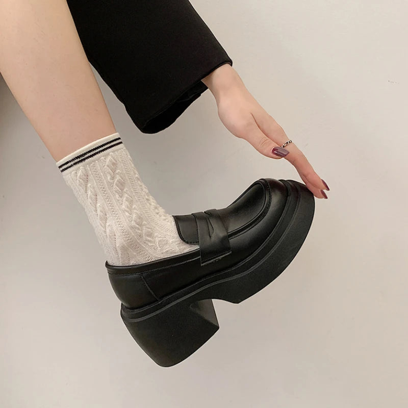 Ladies Pumps Evening Women's Shoes Luxury Leather Casual Cute Kawaii Platform Square Heels Round Toe Shoe Lastest High Quality E