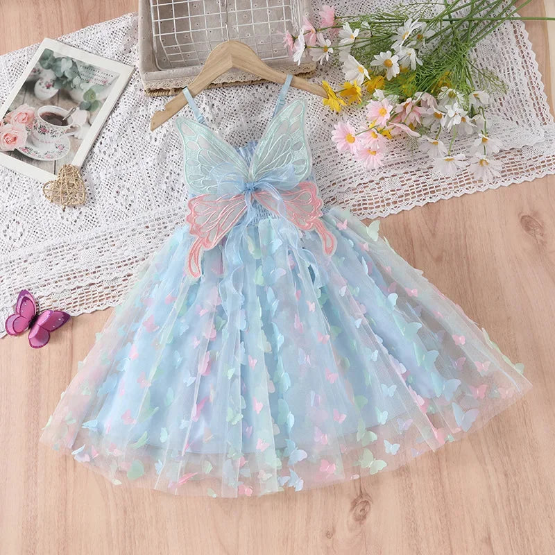 Baby Girls Big Butterfly Wings Gauze Princess Dress Lovely Kids Summer Sleeveless Tulle Sling Dress Children Birthday Party Gown