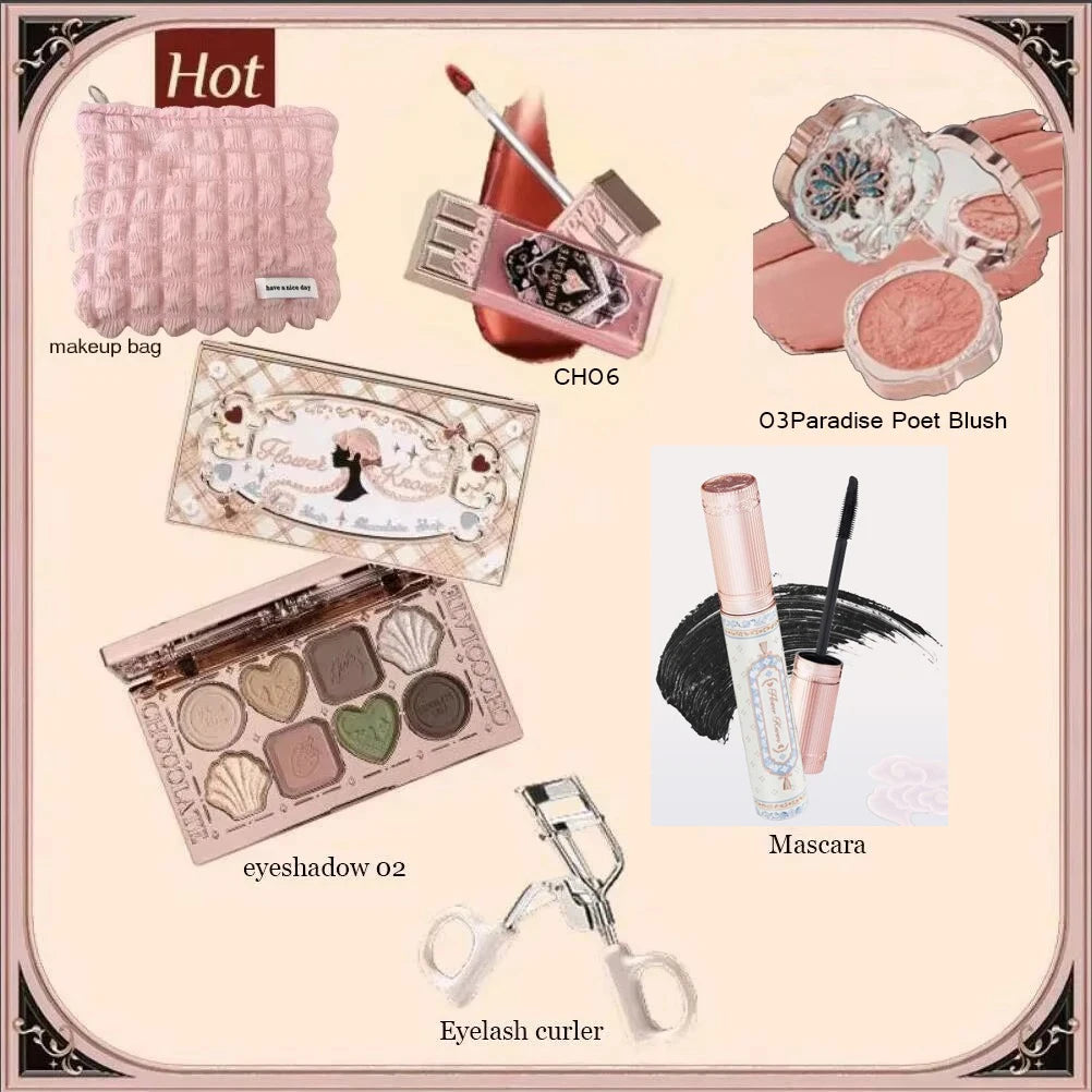 Flower Knows Chocolate SWEETIE BEAR Makeup Set Eyeshadow Palette Matte Lip Mud Blush Long Lasting Black Mascara Cream Original