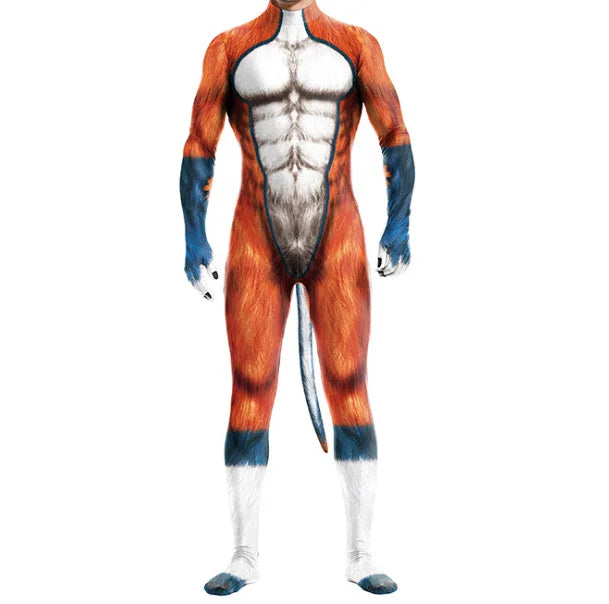 Halloween Costume Adult Mens Wild Animal Cosplay Costume Full Cover 3D Print Beast Petsuit Jumpsuit Bodysuit Tail