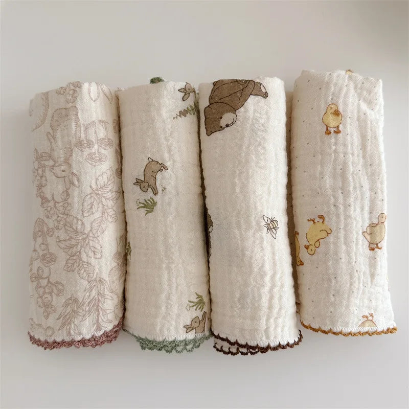 4Pcs Printing Towel Baby Face cloth Bath Towel Handkerchief Cotton Burp Cloth Soft Absorbent Gauze Kindergarten Washcloth 30cm