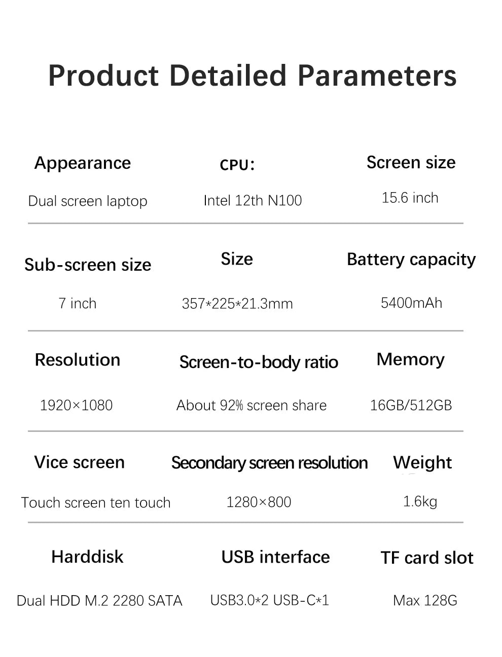 GLF-Y2 Dual Screen Laptop Intel N100 Max 15.6 Inch IPS+7'' Touch 32G DDR4 M.2 2T SSD Slim Business Computer Gen Office Notebook
