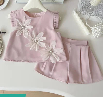 Children's Suit For Girls Summer Cute Three Flowers Short Sleeve Tshirt + Shorts 2 PC Sets Casual Outfit Baby Kids Clothing 