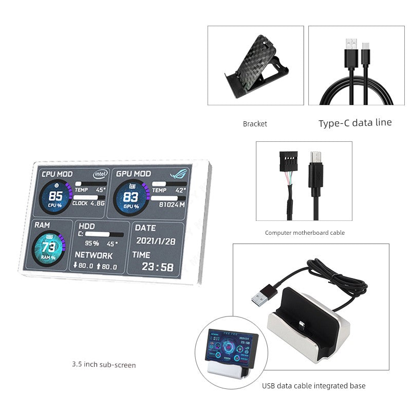3.5-Inch Computer Sub-Screen IPs Full View USB-C Chassis Sub-Screen Computer Status Monitoring Installation-Free Aida64
