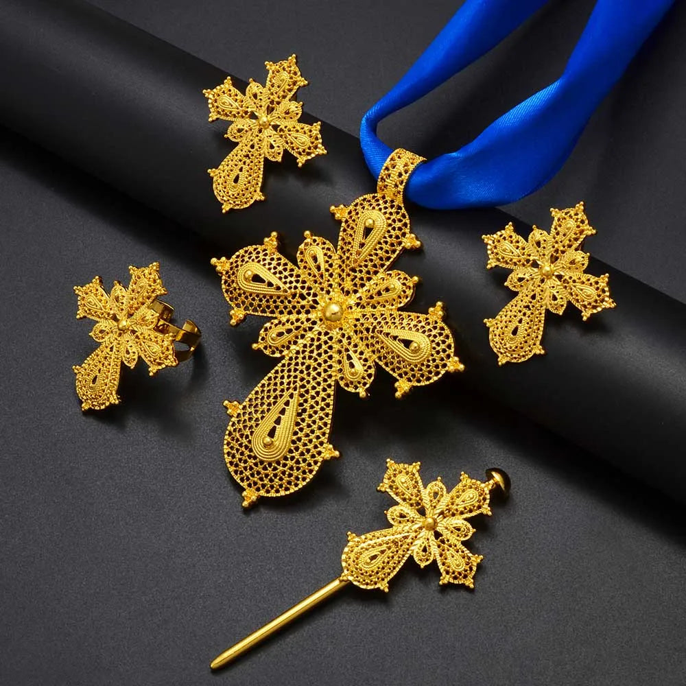 Anniyo Ethiopian Cross Jewelry sets Silver/Gold Color Necklaces Earrings Ring Hairpin Eritrean African Ethnic Wedding #313806