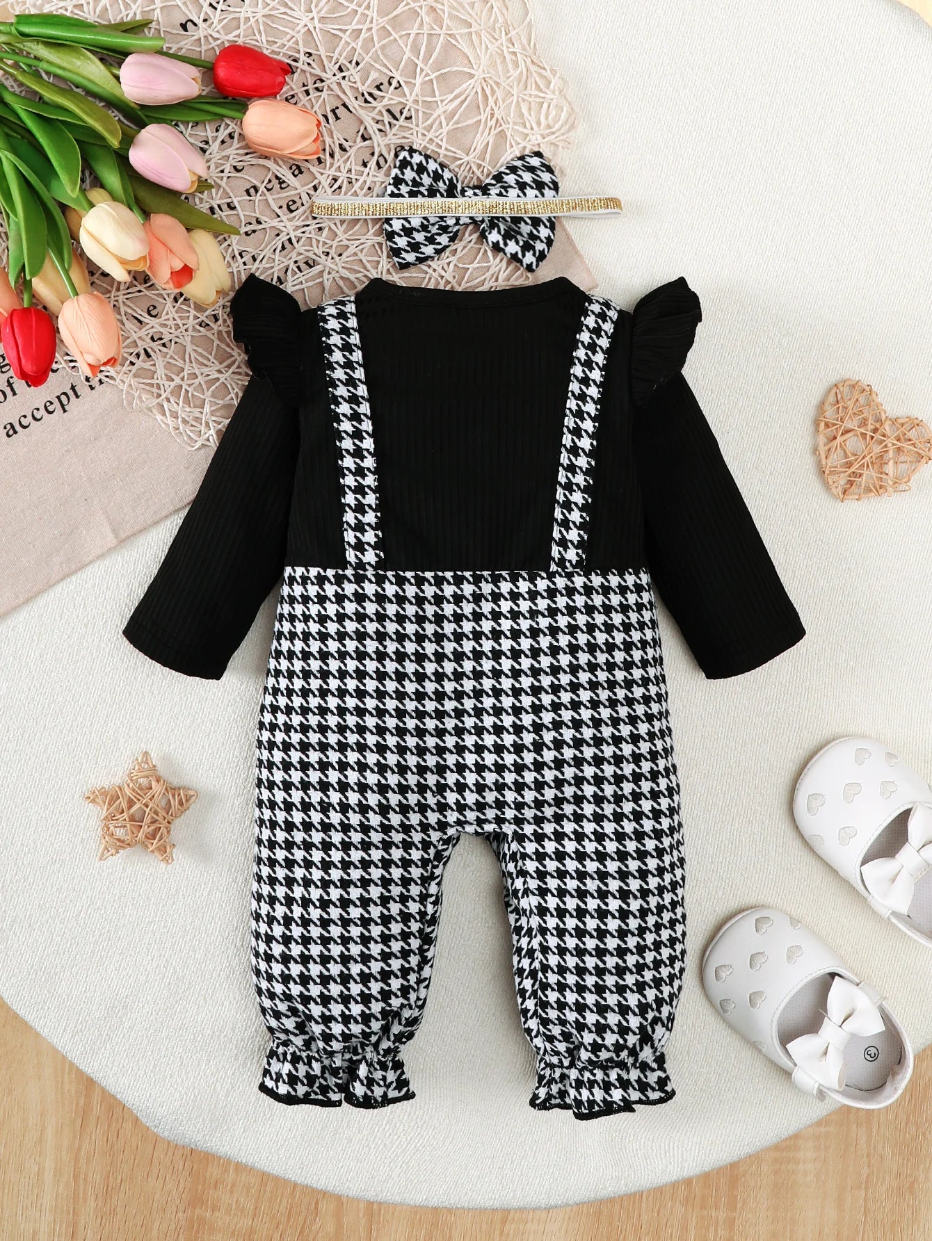 Winter 0-1 Years Old Infant Baby Girls Ribbed Fabric Splice Houndstooth Long Sleeved Jumpsuit With Hairband