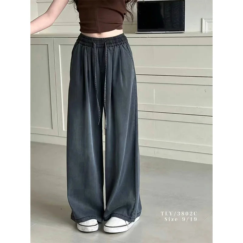 2025 Summer Girls Tencel Cotton Jeans Straight Wide Leg Thin Loose Pants for Big Kids Wholesale Trendy