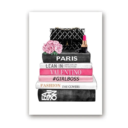 Fashion Magazine Wall Art Prints High Heels and Lipstick Modern Picture Poster Pink Flower Canvas Painting Girls Room Home Decor