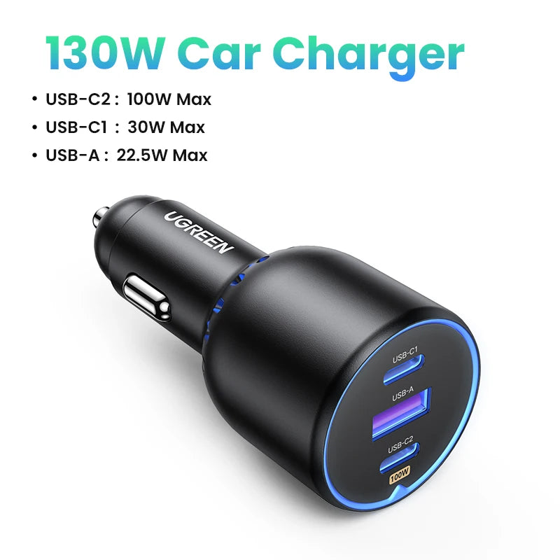 UGREEN 130W Car Charger Quick Charging PD3.0 Fast USB Type C Car Phone Charge For iPhone 14 13 Pro Max Laptops Tabet