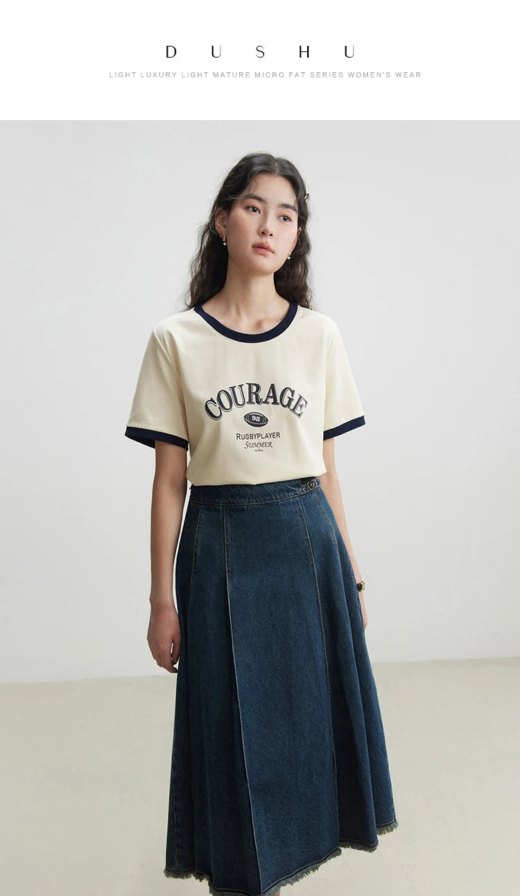 DUSHU Contrasting Color Women Round Neck T-shirts Letter Print Design Summer Beige Short Sleeve Tops Casual Tees 24DS82220