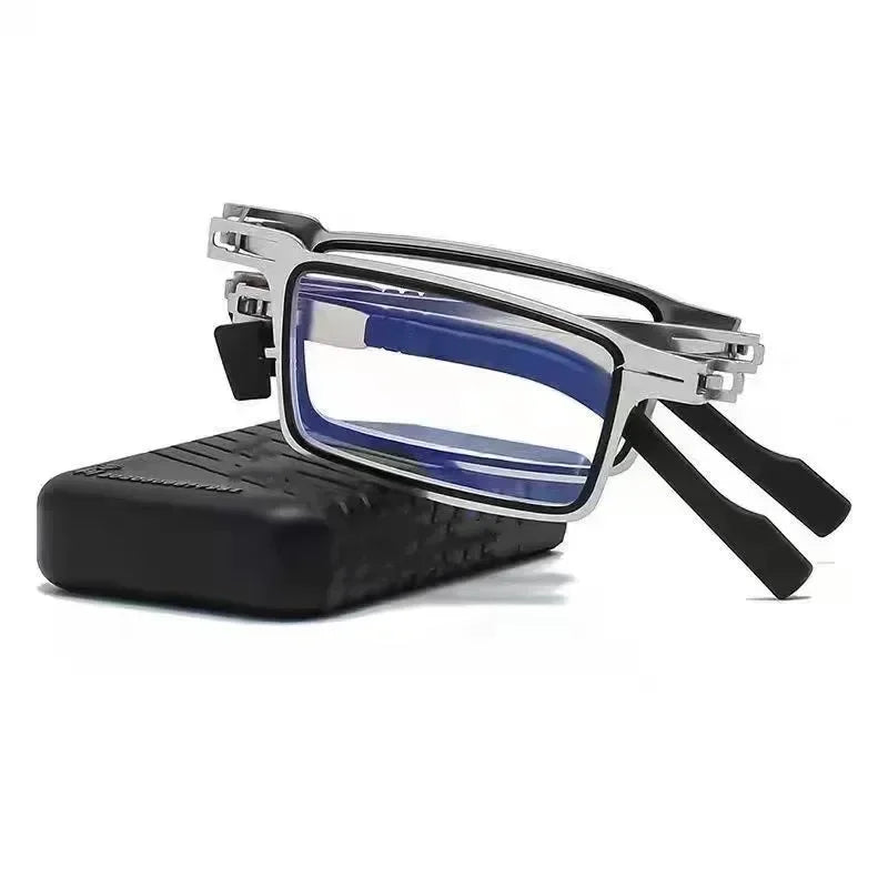 Unisex Folding Reading Glasses Transparent Lenses Full Metal Frame Anti Blue Light Comes with Case for Men and Women