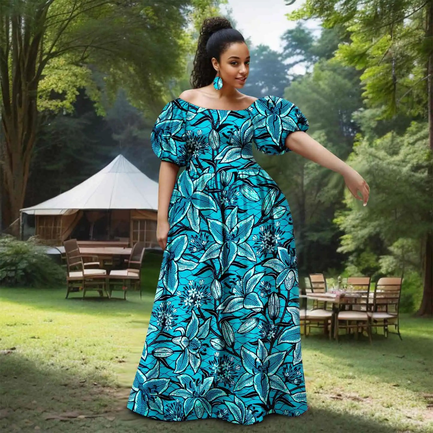 Afripride African Women's Dresses Sexy Strapless Bubble Sleeves With Same Color Earrings Women's Dresses 2525012