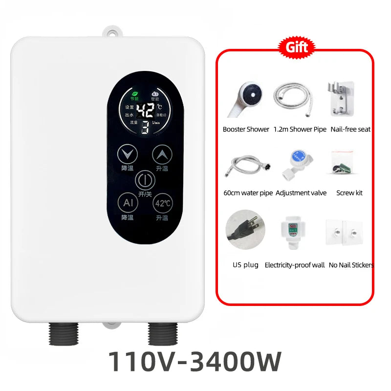 5500W Instant Water Heater 220V Smart Wall Mounted Electric Shower Tankless Instant Water Heater Thermostat for Bathroom Kitchen