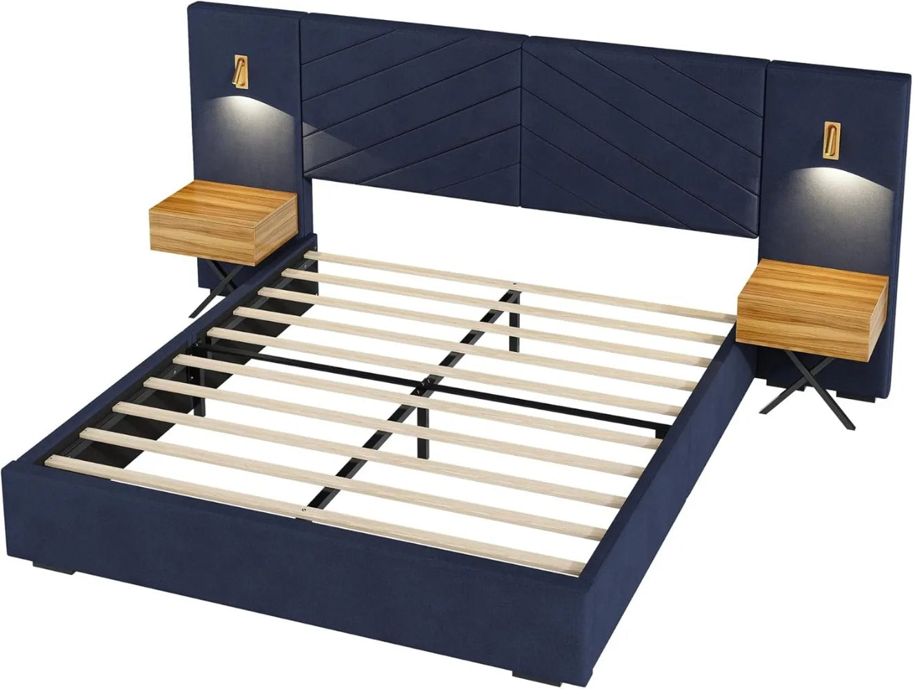 Luxury Bed Frame with Built-in Gold LED Lights and Nightstands, King Size Platform Bed with Oversize Upholstered Headboard,