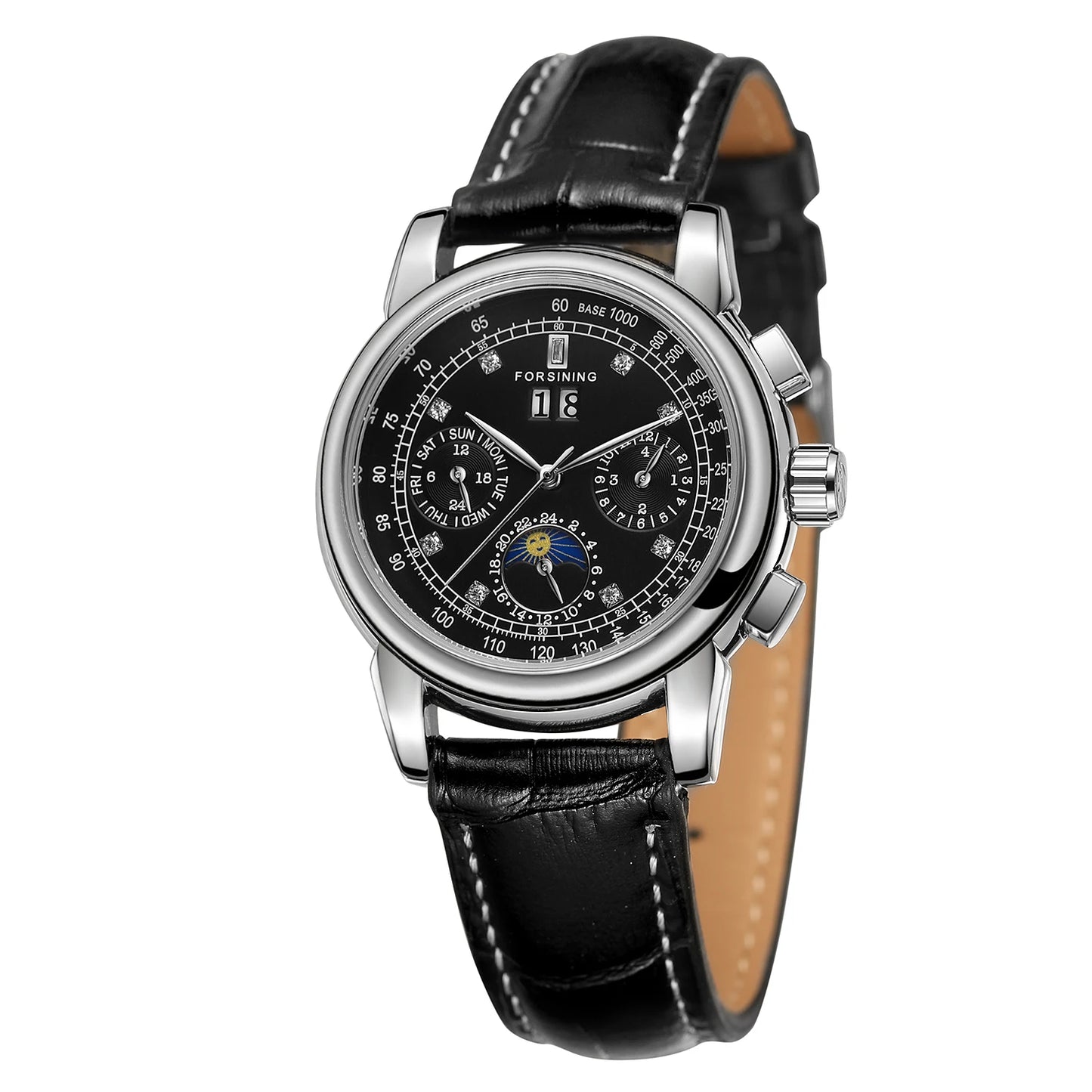 Forsining Fashion Ladies Stainless Steel Case Moon Phase Mechanical Watch Women's Multifunctional Diamond Dial Automatic Clock