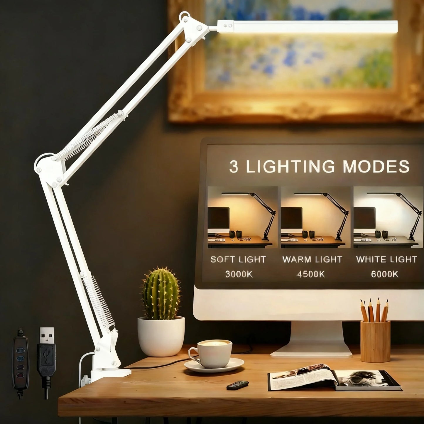 LED Desk Lamp 14W Eye-Caring Metal Swing Arm Desk Light with Clamp 3 Color Dimmable Table Light for Reading and Study Task Lamp