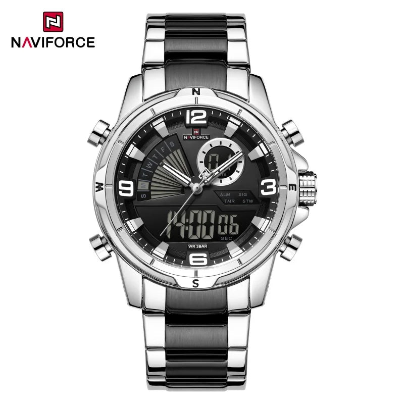 NAVIFORCE Men's Watch 3ATM Waterproof Multifunctional Dual Display with Date Stainless Steel Strap Luxury Business Wristatch