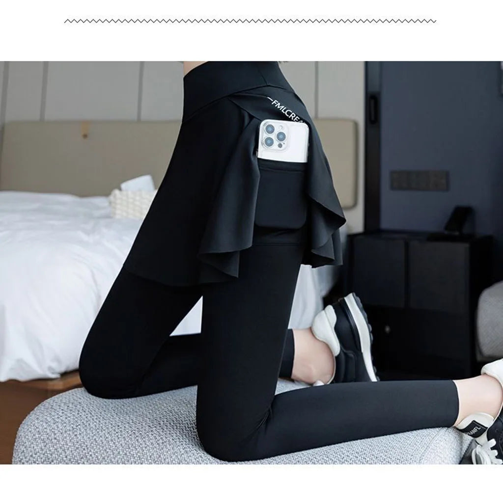 Women's two-in-one golf skirt leggings, high-waisted abdominal control tennis shorts with pockets, fitness running yoga pants