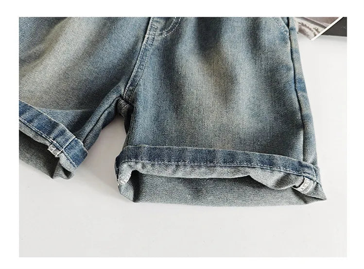 2025 Trendy Boys' Denim Set Vintage Wash Short Sleeve Shirt & Shorts 2-Piece Summer Outfit