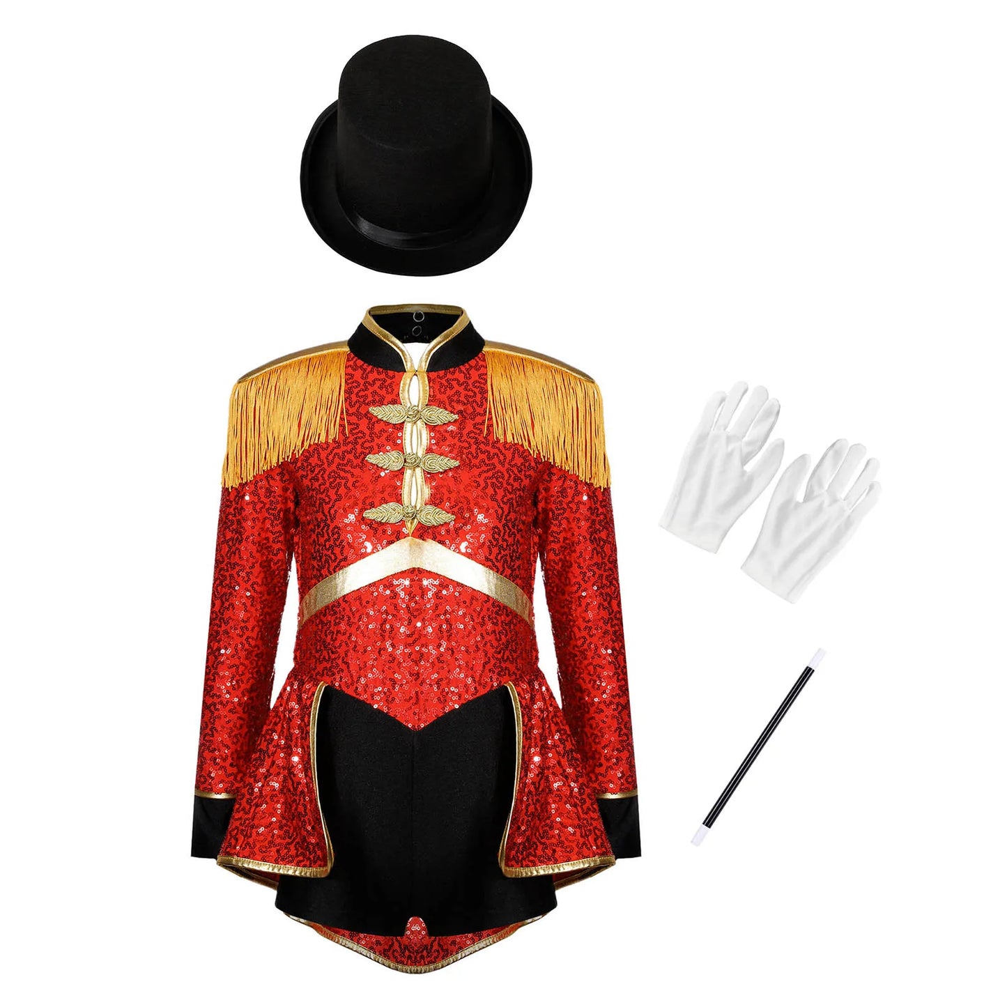 Kids Girls Circus Ringmaster Magician Drum Band Costume Sequins Bodysuit with Hat Gloves Wand Halloween Carnival Fancy Dress Up