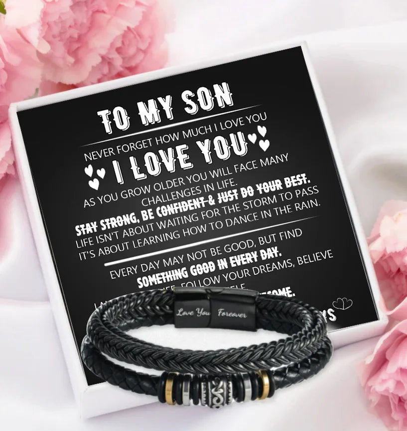 To My Son Bracelet, Stainless Steel Bracelet Son Inspirational Gifts From Mom Dad, Birthday Gifts For Son Message Card Gift Box