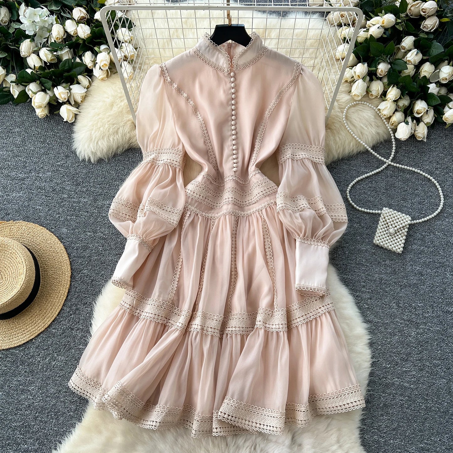 Luxury Vintage Women's Lace patchwork dress 2025 Spring Beach Long puff sleeve mini dresses White Black Lady vestidos 4D145