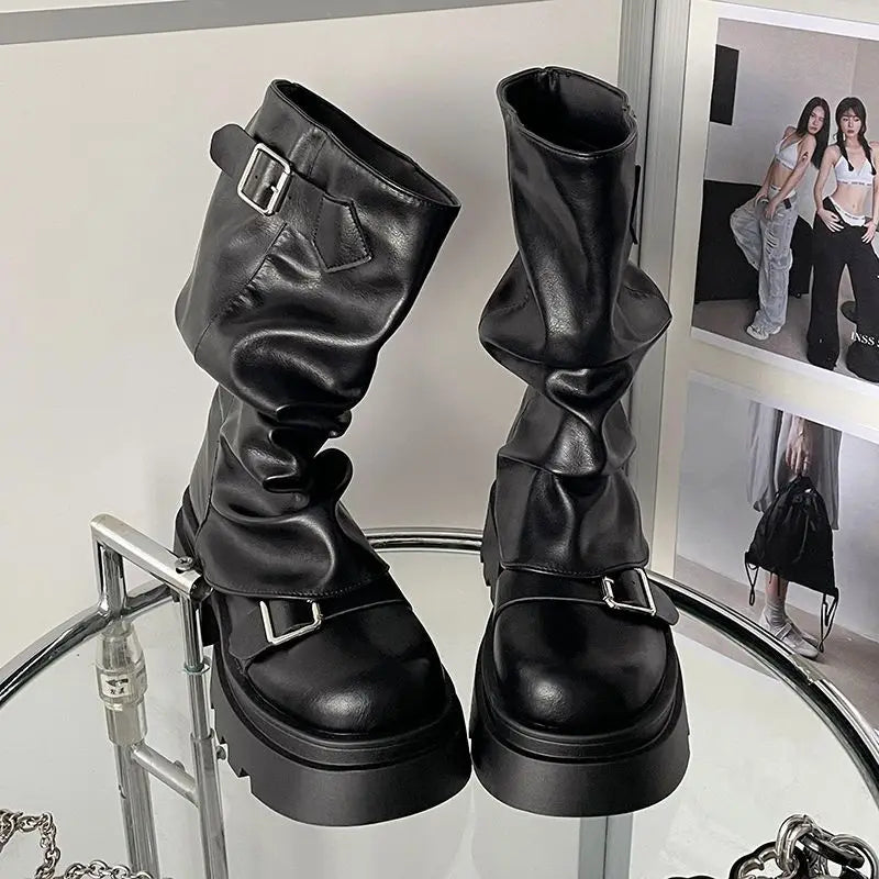 Shoes for Women 2024 Mid-Calf Women's Boots Platform Modern Boots Women Belt Buckle Square Toe Side Zip Square Heel Shoes Female