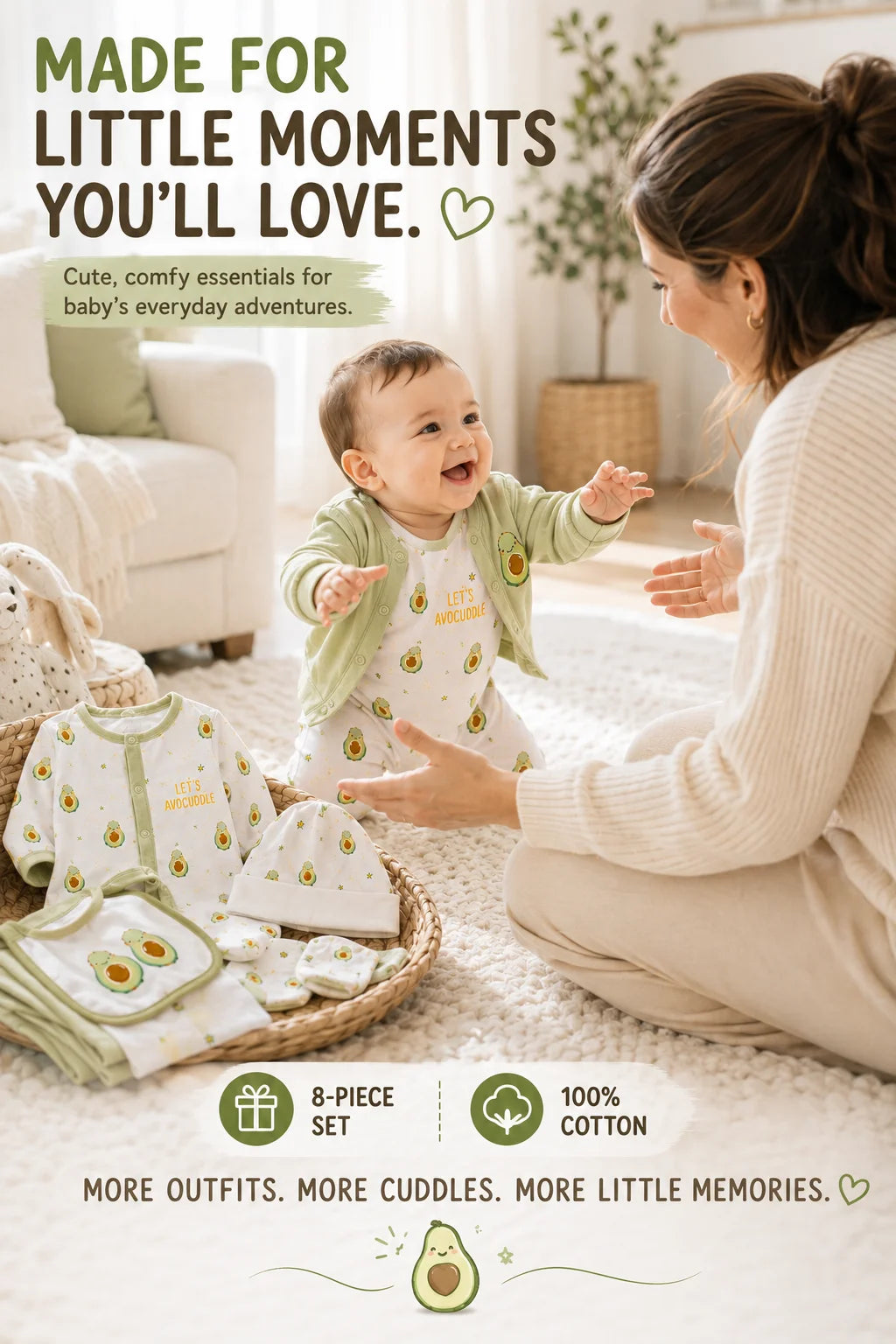 8Pcs Newborn Baby Clothes Set 100% Cotton Avocado Print Bodysuit Romper Cardigan Pants Bib Hat Mittens Infant Outfit 0-6M