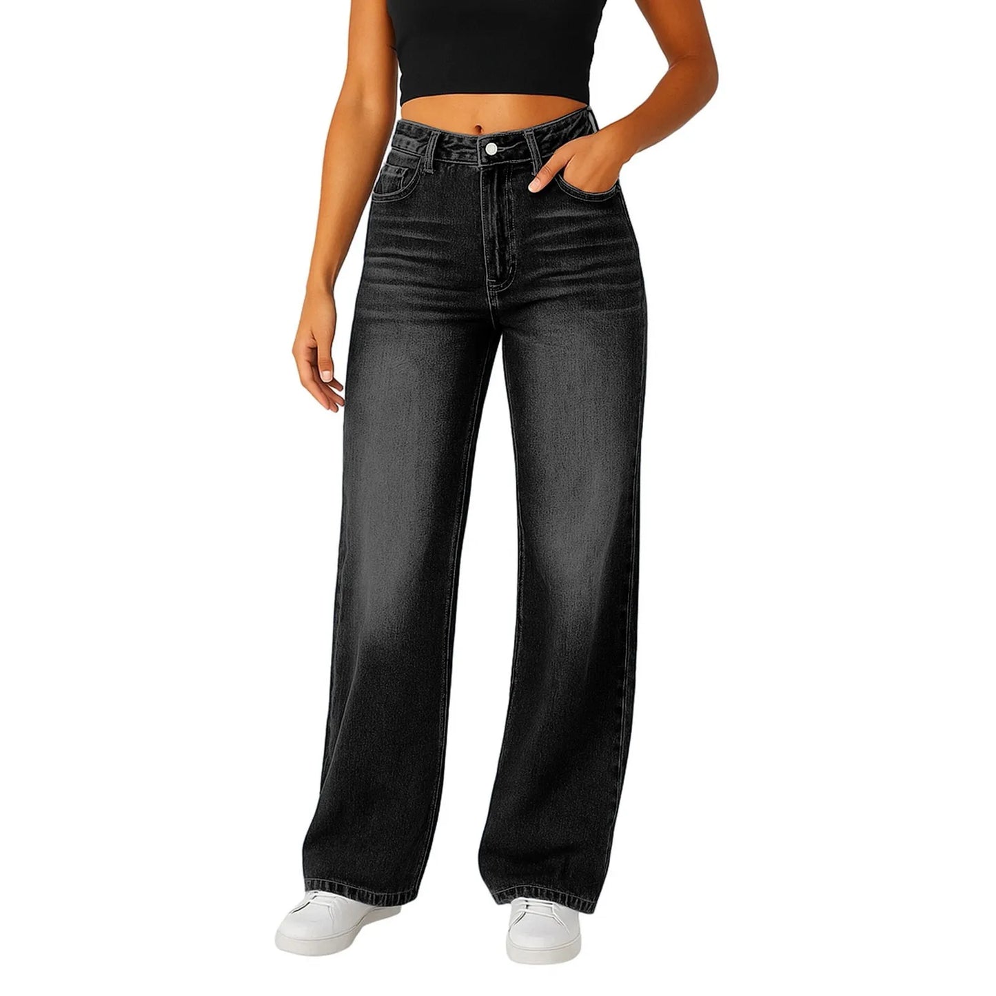 Wide-Leg Jeans Women Light Blue High-Waisted Simple Design Fashionable Trousers Loose-Fitting High-Height Pants Suitable Daily