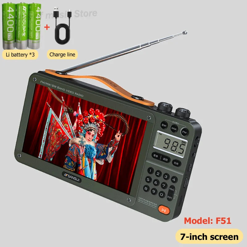 SANSUI Portable FM/MW/SW Radio 7-inch HD LED Display Radio Wireless Bluetooth Speakers Dual TF Card Slot MP4 Video Music Player