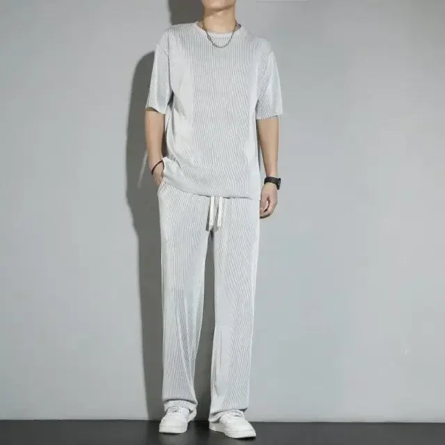 Men's Wrinkled Ice Silk Sports Set 2026 Summer New Short sleeved Long Pants Two piece Set Fashionable Breathable and Cool