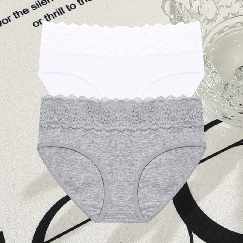 FINETOO 2Pcs Women Cotton Seamless Underwear Sexy Lace Waist Patchwork Panties Female Solid Briefs Plus size Breathable Lingerie