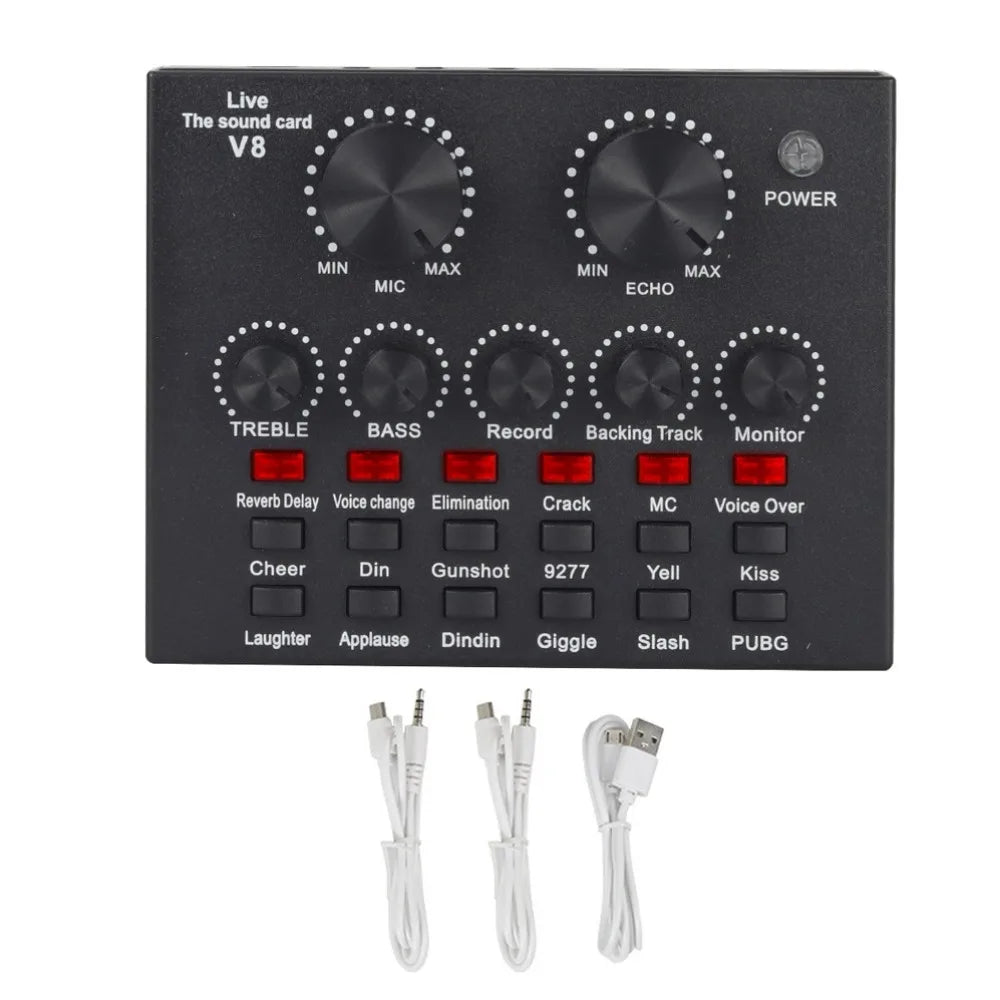 Audio Mixer V8 Sound Card Karaoke Recording Studio Record Mic Sound Card Black White External Sound Card Mobile Record