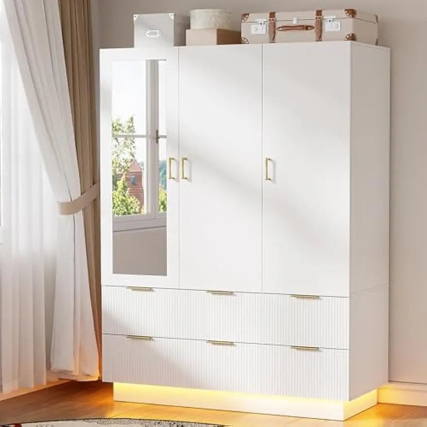 Armoire Wardrobe Closet with 3 Door, Bedroom Armoires with Mirror and LED Lights, Hanging Rod, Drawers