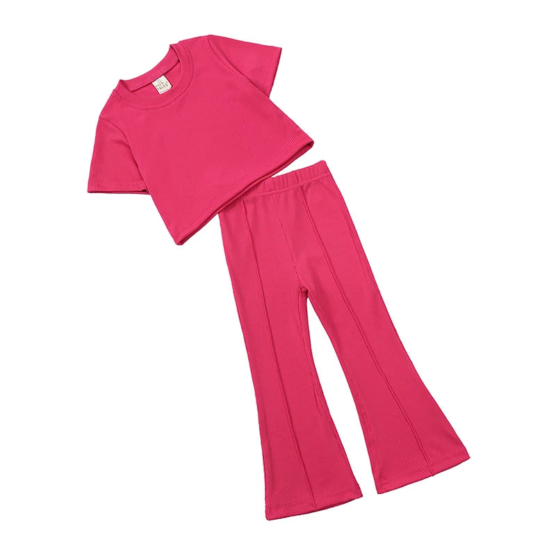 2025 Girls Summer Outfit Sets Toddler Crewneck Tshirt Shirt Top + Bell-Bottom Pants Sets Cute Children Flared Pants Baby Suit