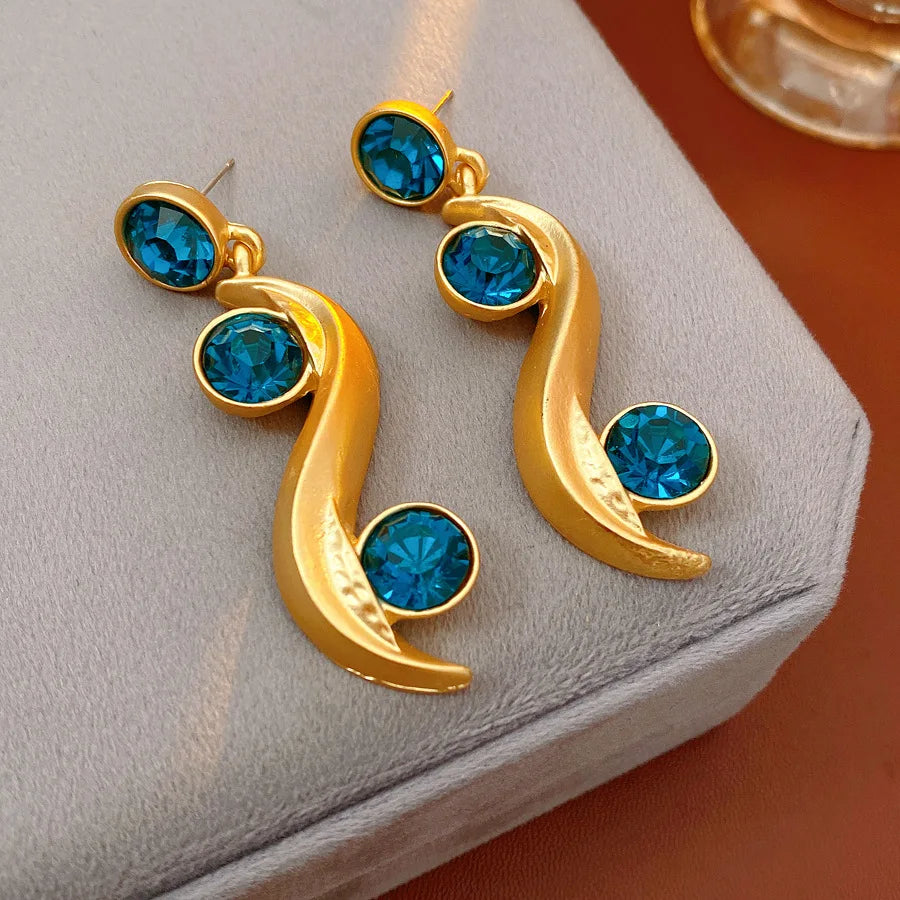 1/2 Pcs Unique Round Wave Long Earrings Blue Rhinestone Adjustable Chain Necklace Bohemian Women Fashion Jewelry Set Vacation N