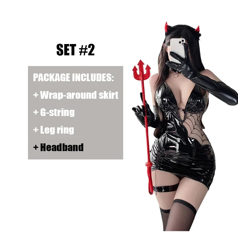 Halloween Costumes Sexy Lingerie Seductive Witch Spider Women Cosplay PU Faux Leather Bodycon Dress Tight Hip Stocking Outfit