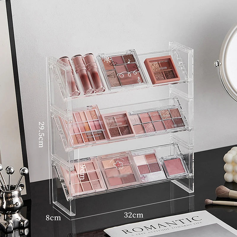 3-Layer Acrylic Cosmetics Rack: Eyeshadow/Blush Tray + Desktop Sundries/Toys Organizer