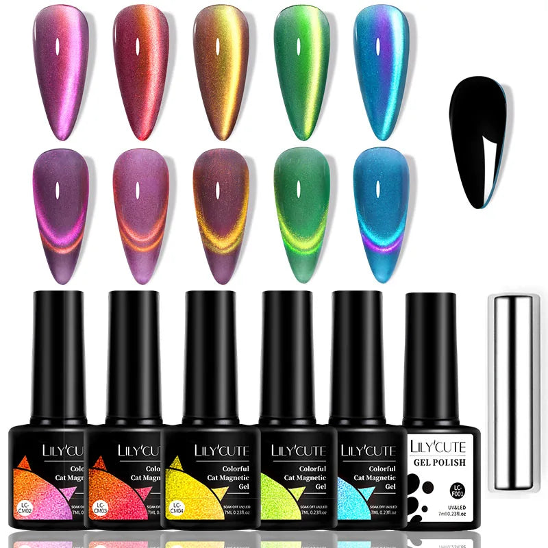 LILYCUTE 7Pcs/Set Cat Magnetic Gel Nail Polish Sparking Semi-Transparent Blue Purple Effect Soak Off UV Gel Varnish Nail Art Kit